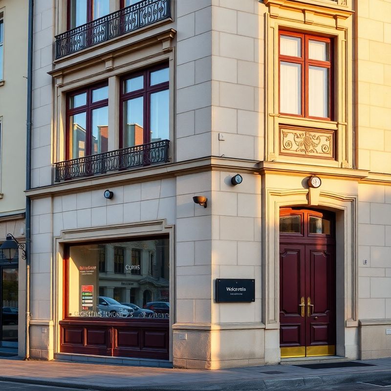 Fațada unei clădiri clasice din Cluj-Napoca cu piatră crem și uși cu accent burgund