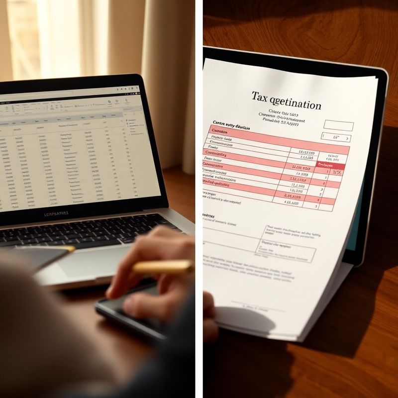 Laptop cu foaie de calcul lângă o declarație fiscală corporativă tipărită