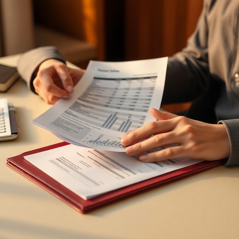 Mâini analizând situații financiare tipărite, cu un biblioraft burgund alături