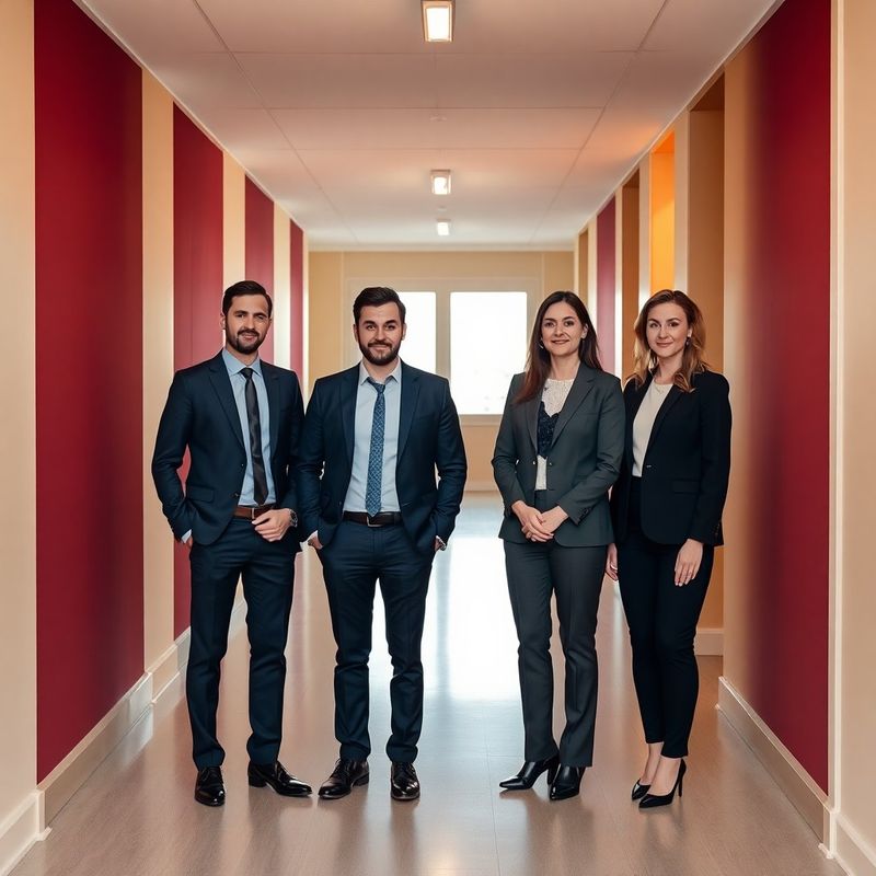 Patru profesioniști în ținută business într-un coridor luminos de birou din Cluj-Napoca